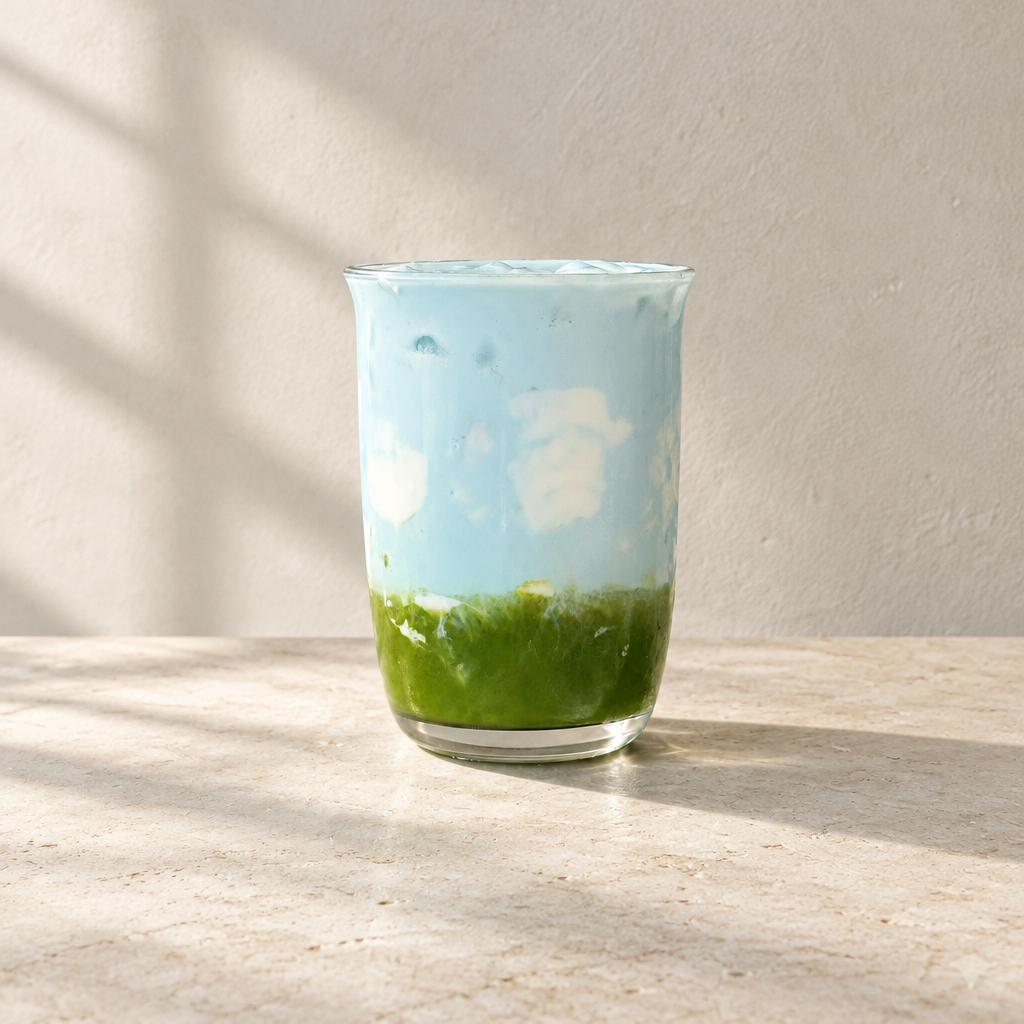 A Butterfly Pea matcha latte made with everyday-grade single-origin Guizhou matcha, layered with butterfly Pea and milk over ice