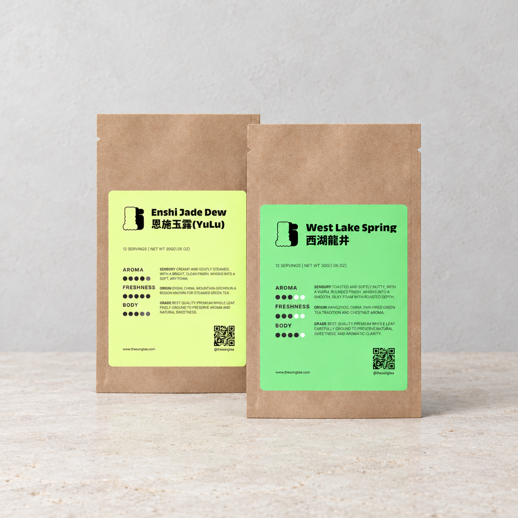 Jade Dew and Longjing green tea powders side by side, finely milled