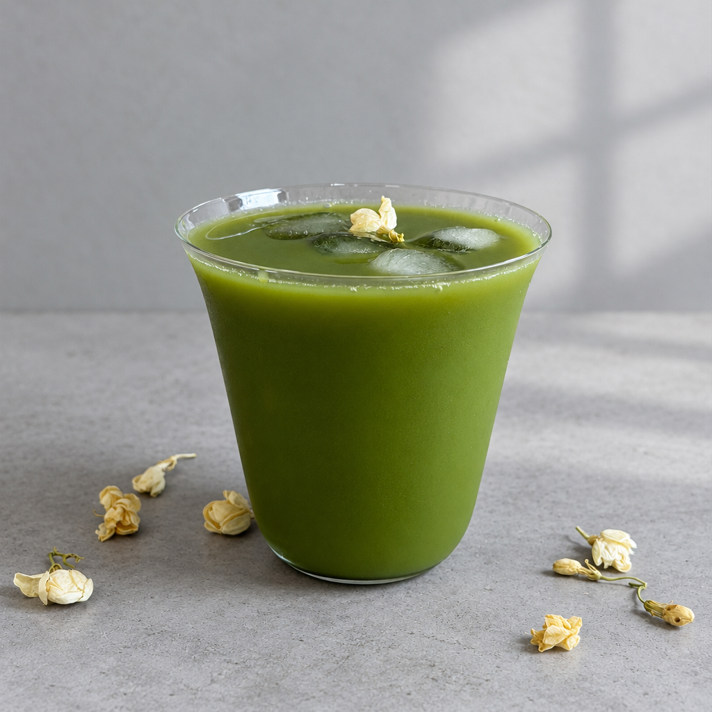 Iced jasmine green tea with coconut water in a clear glass, garnished with dried jasmine flowers against a gray background.