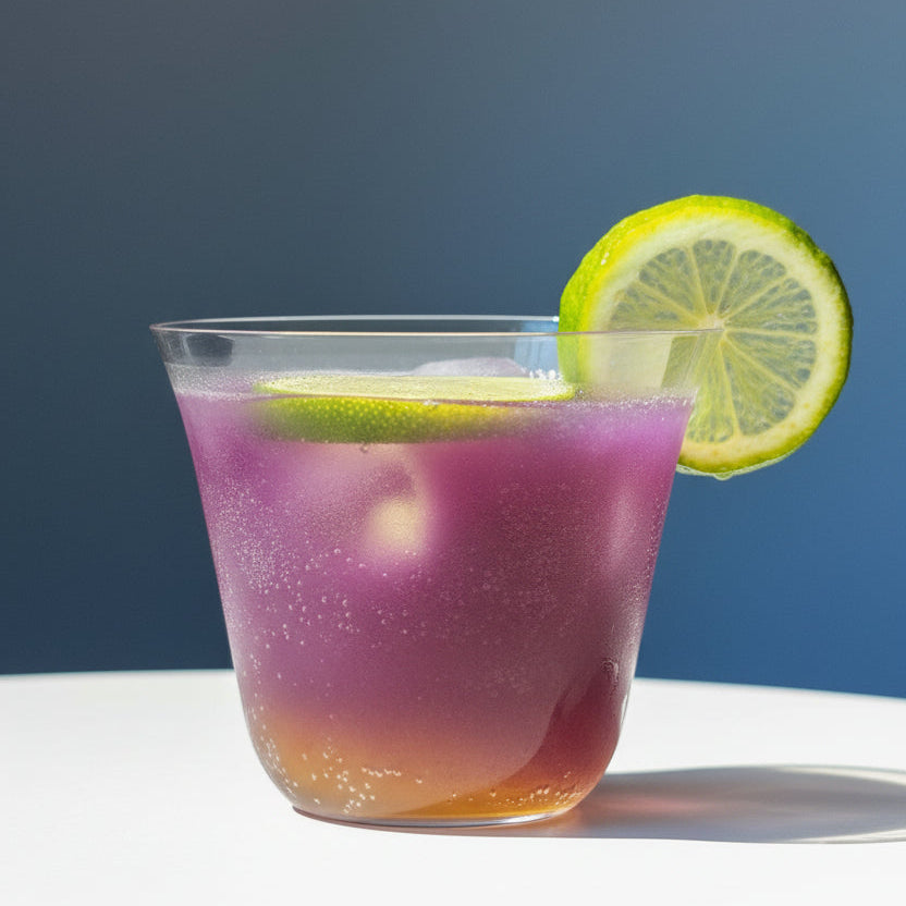 A tall glass of Butterfly Pea Aurora, a layered blue-to-violet drink made with butterfly pea flower powder, pineapple kombucha, and lemon-honey syrup, photographed straight-on to show the color gradient from top to bottom