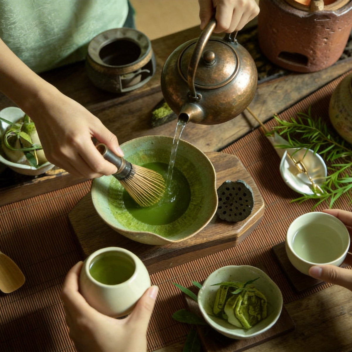 Experiencing the art of tea with The Song Cha: a close-up of brewing vibrant matcha tea powder using traditional teaware and a bamboo whisk.