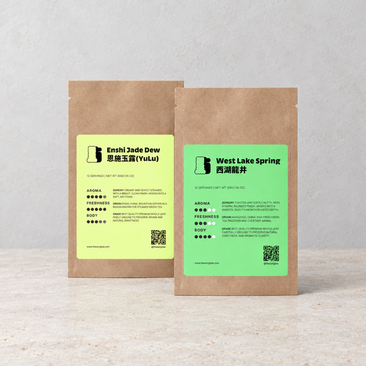 Jade Dew and Longjing green tea powders side by side, finely milled