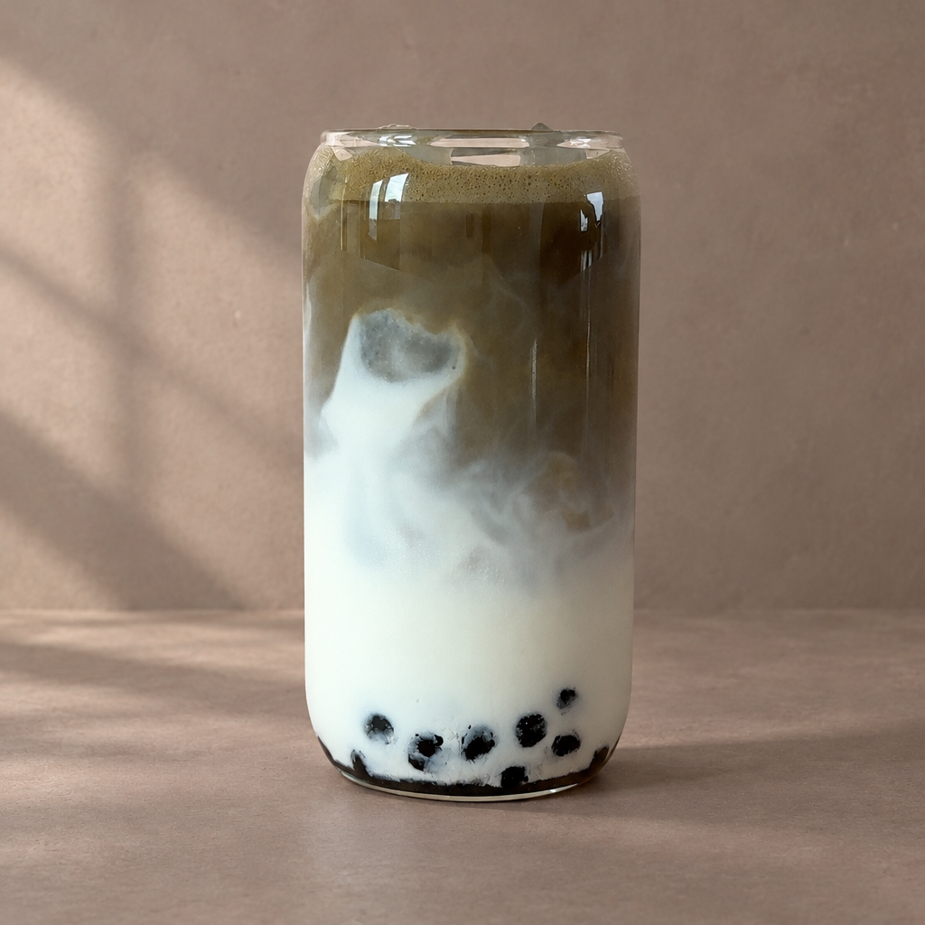 Iced Honey Orchid milk tea with boba pearls made from whole-leaf oolong tea powder
