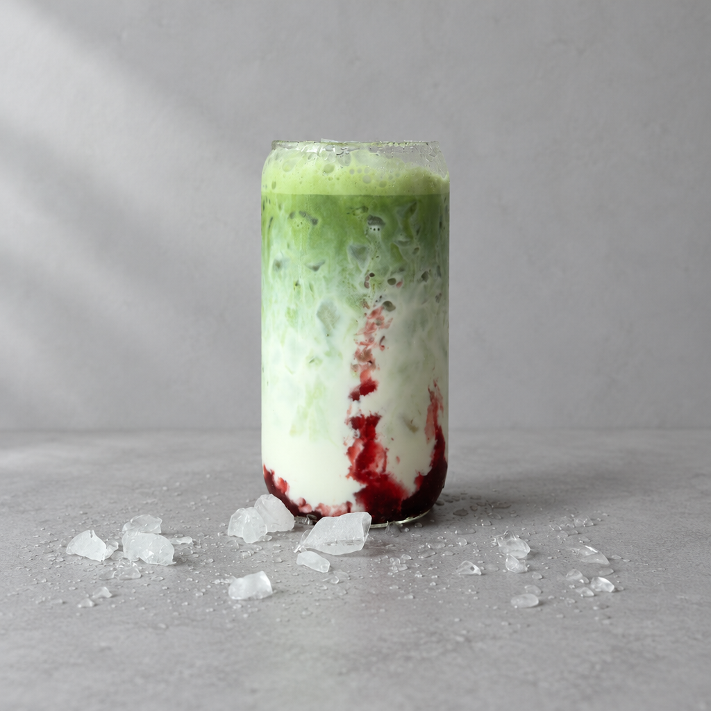 A strawberry matcha latte made with ceremonial-grade single-origin Guizhou matcha, layered with strawberry and milk over ice