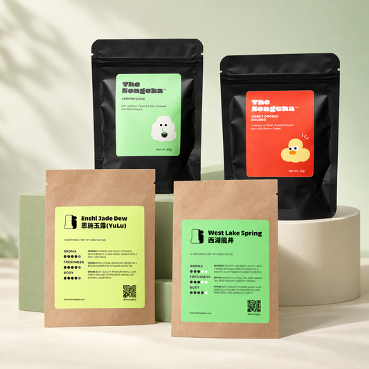 Four Chinese tea powders side by side, finely milled, from green to roasted oolong