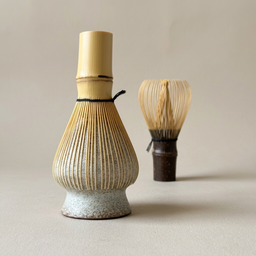Golden bamboo matcha whisk on a ceramic holder with a dark-handled bamboo whisk in the background.