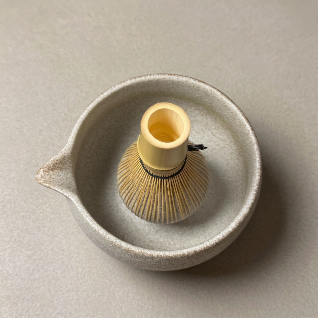 Golden bamboo matcha whisk with black thread binding resting inside a speckled ceramic bowl with a pouring spout.