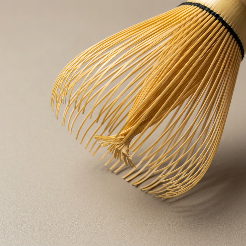 Close-up of the fine curved bamboo tines and bundled inner strands of a golden bamboo matcha whisk.