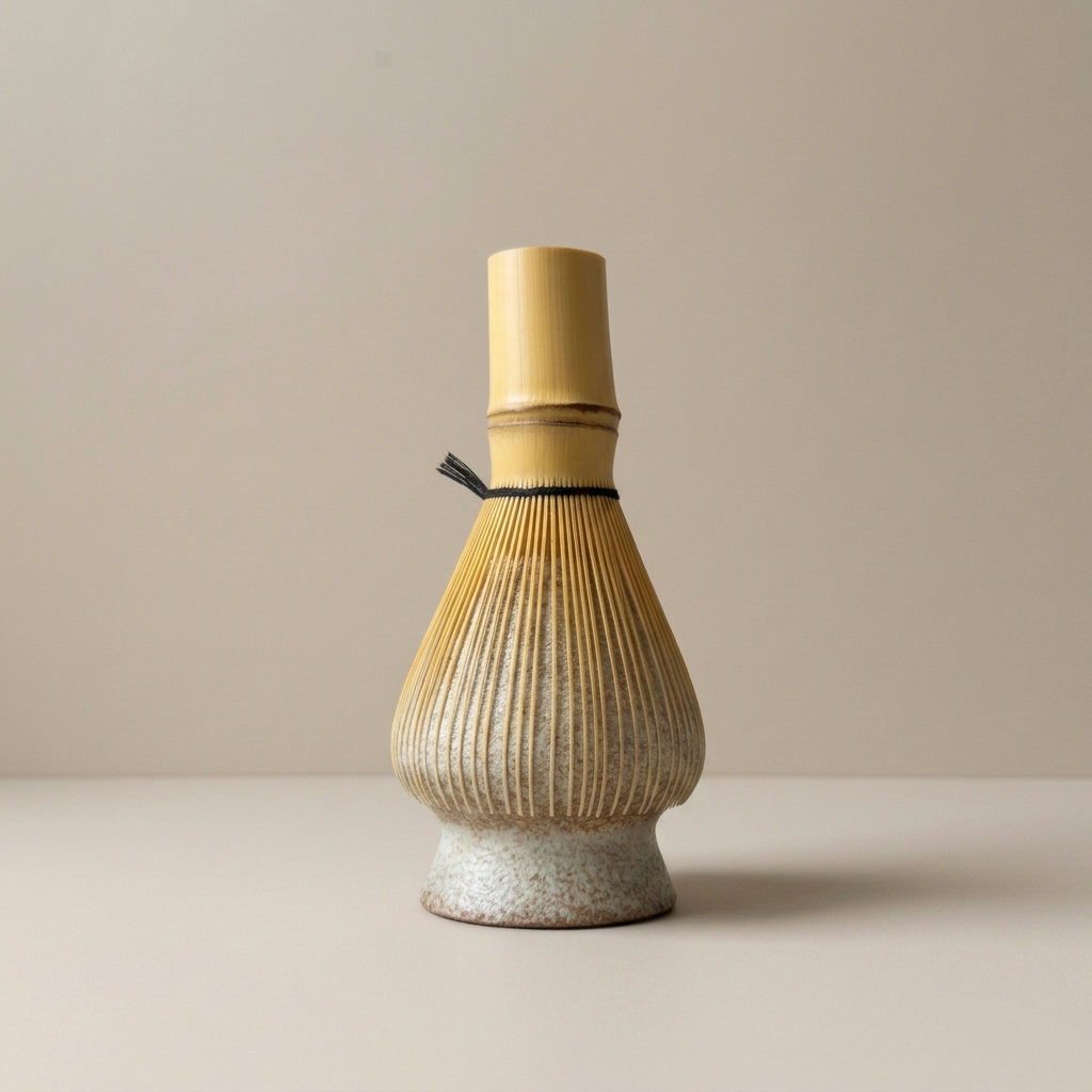 Golden bamboo matcha whisk with black thread binding resting on a speckled ceramic holder.