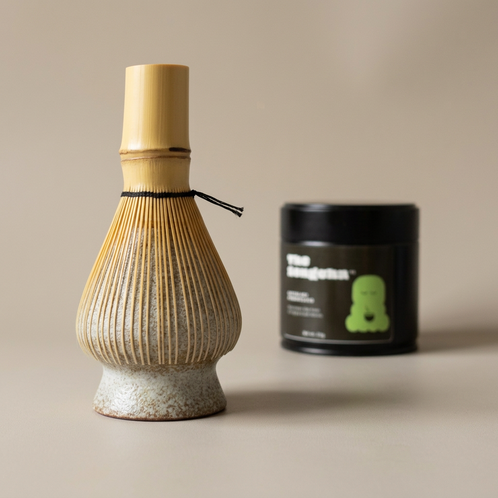 Golden bamboo matcha whisk on a ceramic holder beside a black TheSongCha matcha 007 tin.