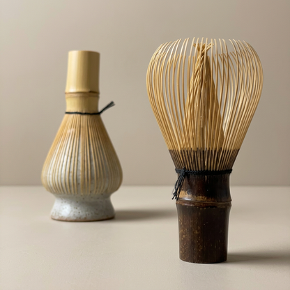 Purple bamboo matcha whisk in the foreground with a natural bamboo whisk on a ceramic holder behind it.