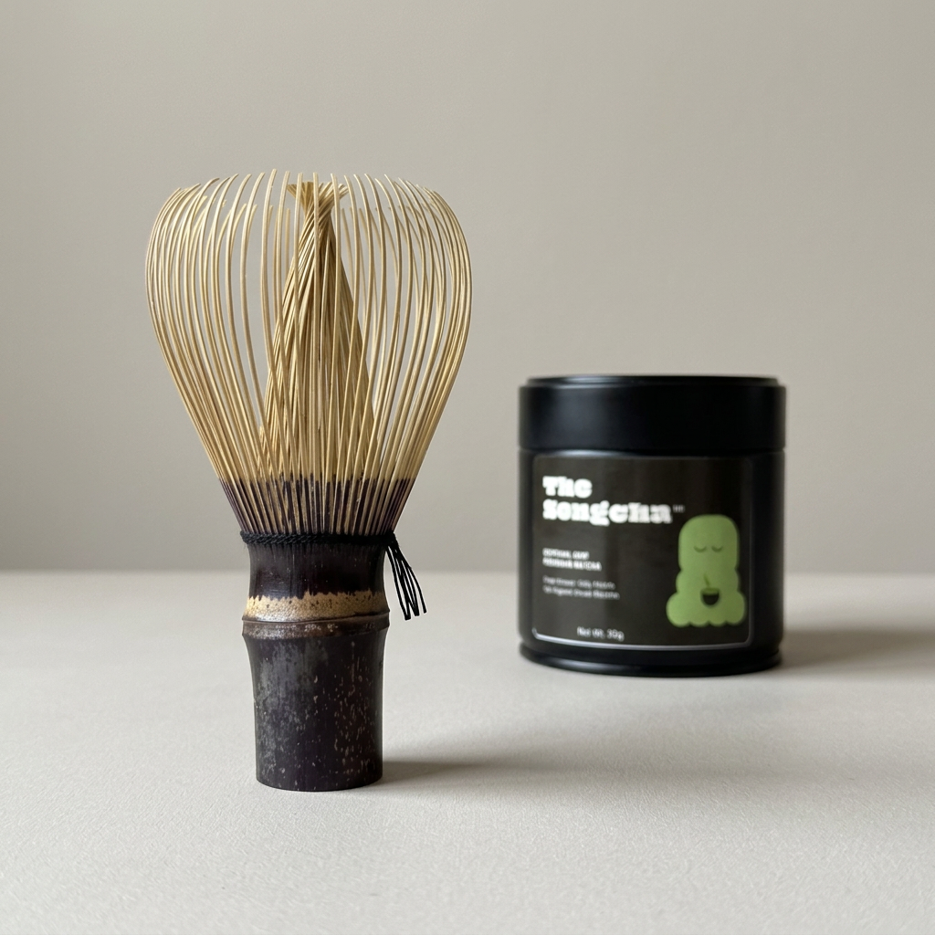 Purple bamboo matcha whisk beside a black TheSongcha matcha 007 tin.